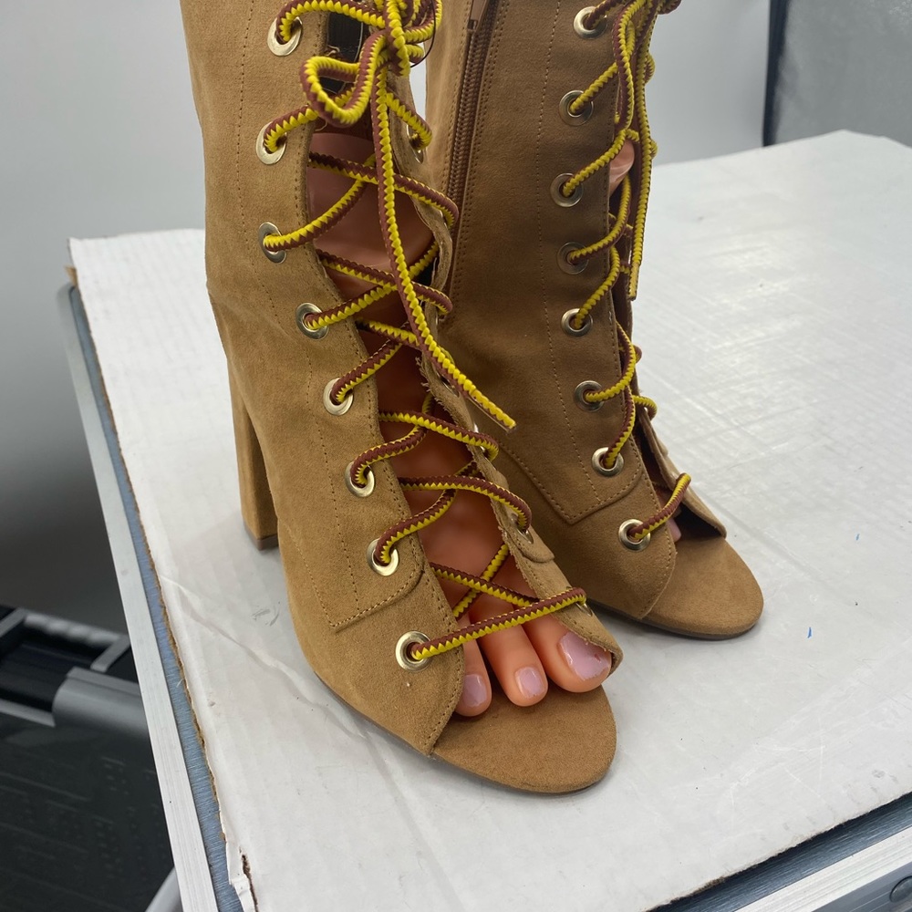 Forever 21 Women’s Corset Lace Up PeepToe Chucky Heel Mules